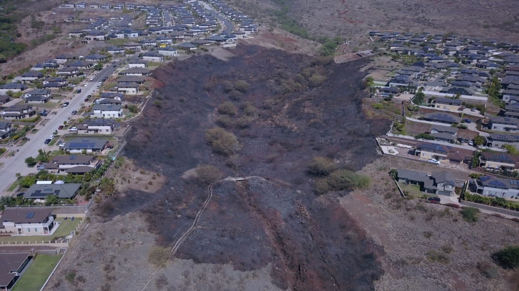 Aerial view of wildland fire damage in a community